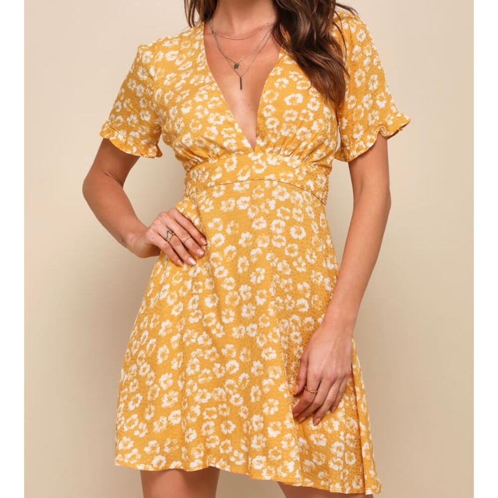 LULUS Women’s Garden Explorer Mustard Yellow Floral Print Mini Dress Size XXS
